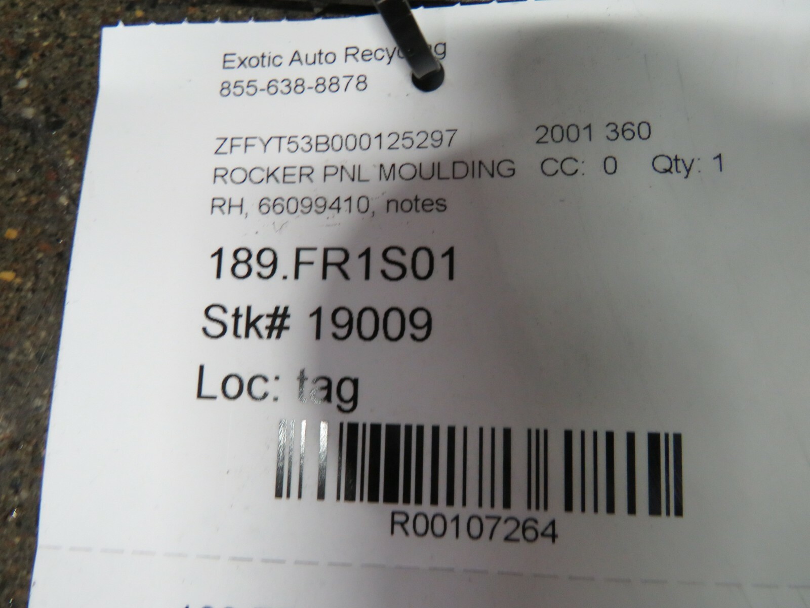 Ferrari 360, RH, Right, Rocker Panel, Used, Damaged, P/N 66099410