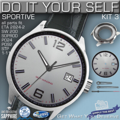  DO IT YOURSELF KIT 3: SPORTIVE CASE 40MM,  DIAL, HANDS, fit ETA 2824, SW200