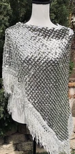 Scarf Vintage Shaw Retro Shiny Silver Long Fringes Shoulder Cover-Up Wrap Stole
