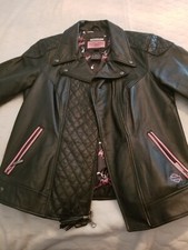 Harley Davidson Womens Pink Label Black Leather Riding Jacket, Size Large.