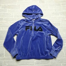 FILA Velour Hoodie Womens XL Blue 1/4 Zip Tracksuit Top Soccer Warm Up