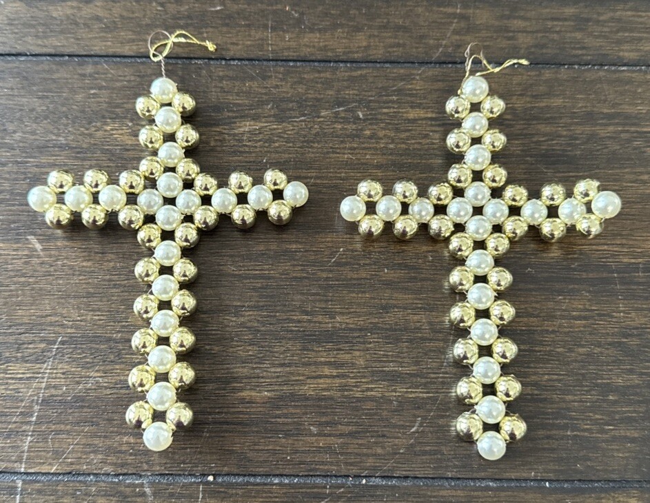 Handcrafted 4.5-Inch Gold & White Beaded Cross Christmas Ornament