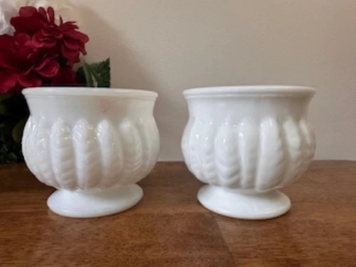 Vintage Milk Glass Planters Leaf Motif Pedestal Base – Wedding Décor Pair