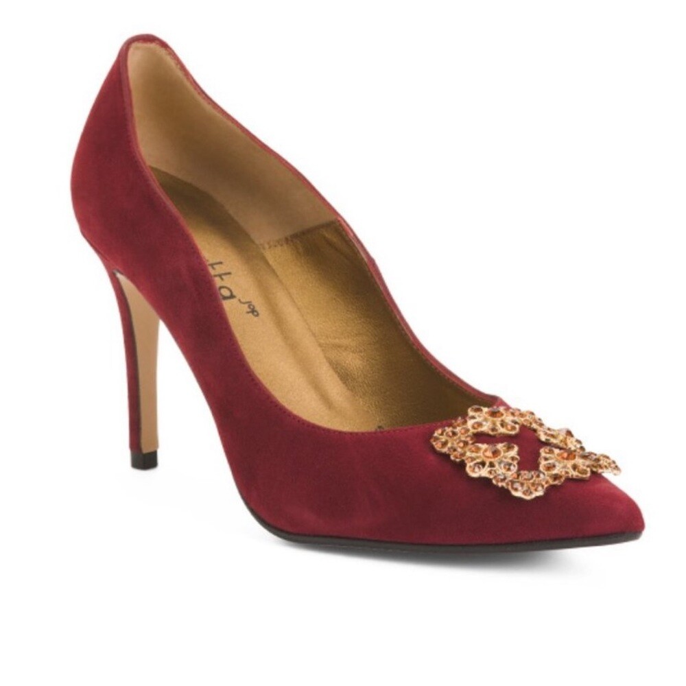 RENATTA JOP Burgundy Made In Spain Suede Pumps Heels With Rhinestones