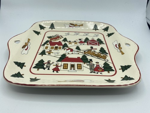 Masons Square Handled Christmas Village Cake/Serving Plate Ironstone 9x9"  - Picture 2 of 12