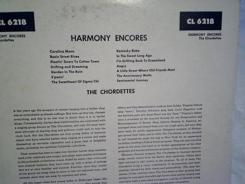 1952 THE CHORDETTES Harmony Encores 10" LP, cl 6218,dorothy schwartz,janet ertel - Picture 3 of 5