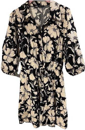Zara Floral Dress XS BlackIvory Drawstring Tier Ruffle Hemline Short Cottagecore - Picture 4 of 14