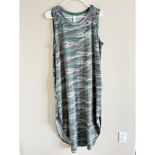 Vanilla Star Camo Print Sleeveless Distressed T-Shirt Dress Green Tan Maxi