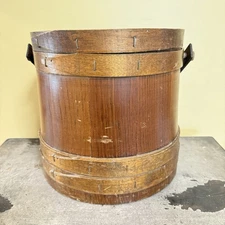 Primitive Antique Vintage Wood Firkin Banded Sugar Bucket w/Handle & Lid 10”