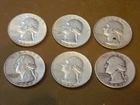 Lot of 6 Washington Silver Quarters-90% Silver - Circulated  1 oz -$1.50 FV (L2)