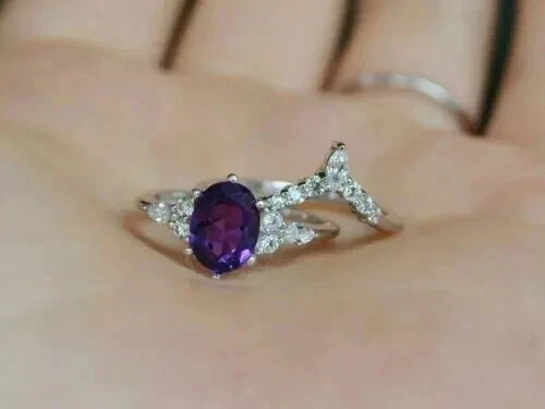 14K White Gold Plated 2Ct Oval Cut Lab Created Amethyst Women's Bridal Ring Set - Image 4 of 4