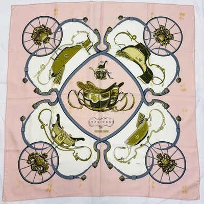Hermes Carre 90 Silk Scarf SPRINGS Carriage Print Pink Very Good