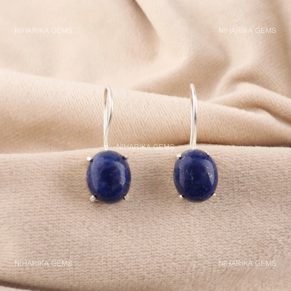 Ovale Naturale Lapislazzuli Pendenti Settembre Orecchini Gioielli Argento - Immagine 3 di 4