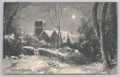 Talland Kirche Cornwall Winter Schneeszene Mondlicht Künstler AWP 1905 Postkarte