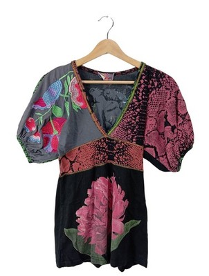 DESIGUAL Kurzarm-Bluse Damen Bluse Gr. DE 38 pink-schwarz-hellgrau Elegant