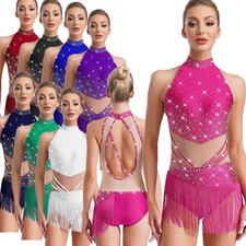 Women Costume Leotard Bodysuit Samba Tango Dancewear Skating Mock Neck Latin