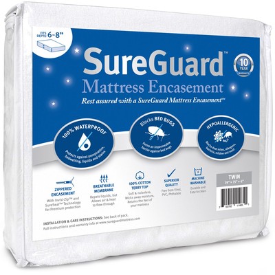 Twin (6-8 in. Deep) SureGuard Mattress Encasement - 100% Waterproof Bed Bug P...