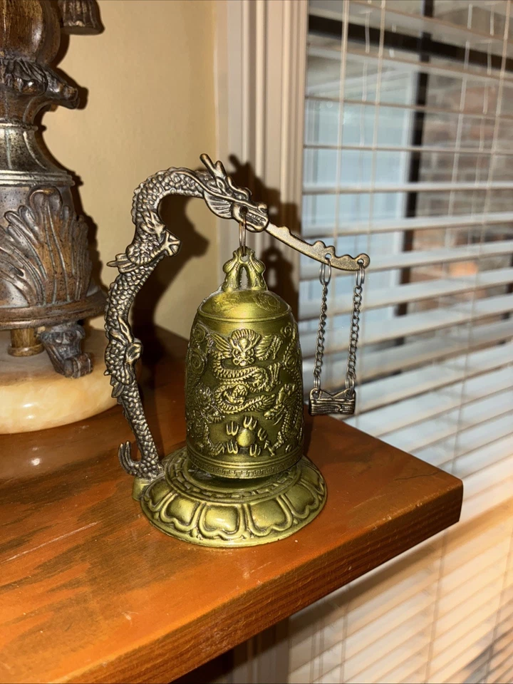 Campana de gong dragón de latón vintage asiática artística decoración del hogar Foto 2 de 3