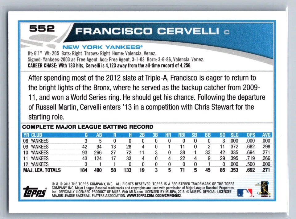 2013 Topps #552 Francisco Cervelli Blue - Image 2 of 2