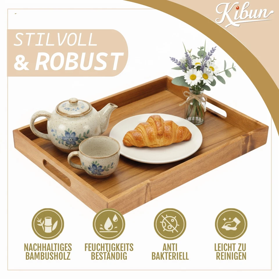 Serviertablett aus Holz 40x30 cm Frühstückstablett Servier & Deko Tablett Natur - Bild 4 von 4