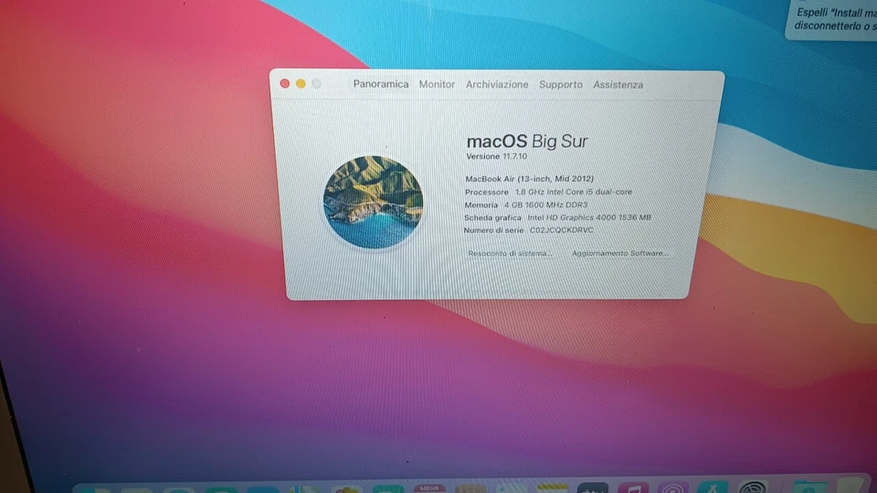 Macbook AIR A1466 14" 2012 I5 1,8Ghz 4gb 256gb nvme MACOSX MONTREY - Immagine 3 di 4