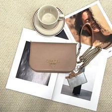 Prada Saffiano Milk Tea Beige Logo Flap Chain Shoulder Crossbody Bag AUTH