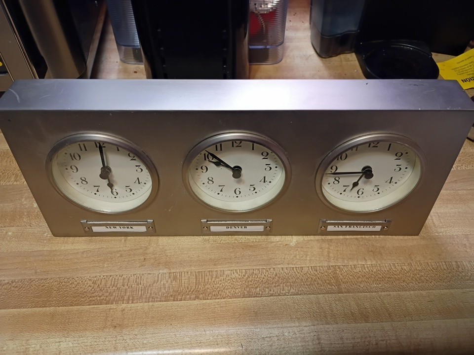 Pottery Barn World Clock Triple Time Zone Brushed Nickel Wall Mantel Clock