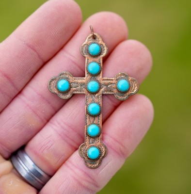 Vintage Native American Copper and Turquoise cross pendant necklace Antique