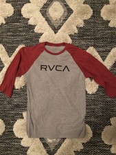 RVCA Mens Standard Tee Baseball Raglan Gray/Red Logo Graphic T Shirt large