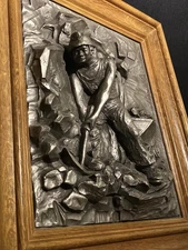 Rare Vintage Cast Pewter Relief 3D Sculpture – Miner at Work – Oak Framed