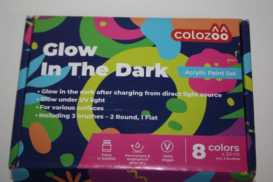 Glow in the Dark Acryl Farben Set | 8x20ml Fluoreszierende Farbe + 3 Pinsel - Bild 2 von 3