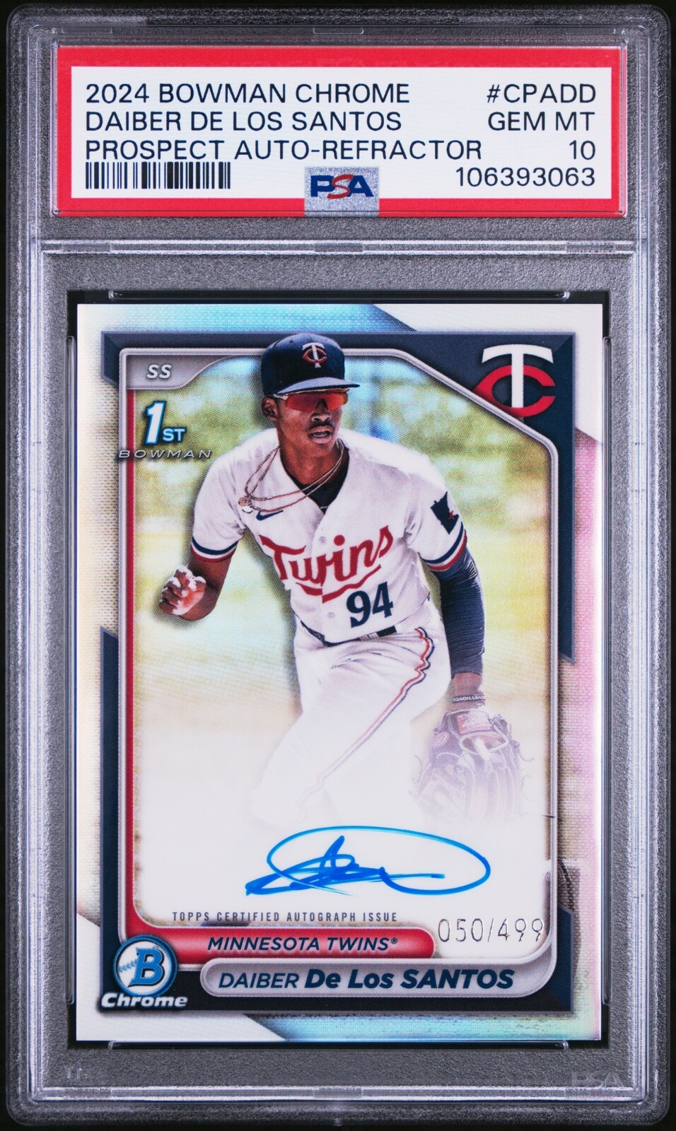 2024 Bowman Chrome Daiber De Los Santos 1st Refractor Auto /499 #CPA-DD PSA 10