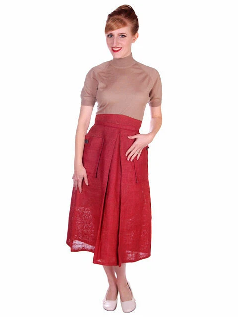 Saia de estopa vermelha coral vintage década de 1940 estilo Claire McCardell xadrez forrada bolsos 26"W - Imagem 2 de 4