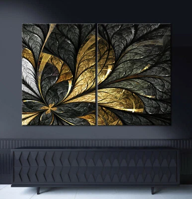BLATTGOLD Abstrakt Leinwandbild XXL über Lowboard Kommode Sideboard Schwarz 3D - Bild 1 von 4