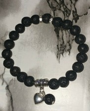 New Natural Lava Stone Beaded Stretch Healing Bracelet With Heart Charm Unisex