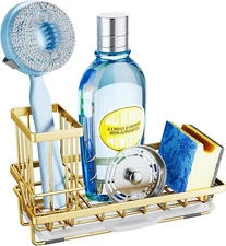 Gold Stainless Steel Sink Caddy with Detachable Brush Holder & Drip Tray