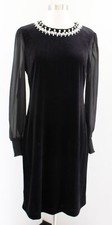 Tahari ASL Levine Black Velvet Mesh Sleeve Pearl Rhinestone Cocktail Dress Sz 8