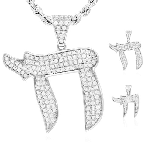 14k White Gold Over Silver CZ Pave Chai Pendant 0.80" & 1.20" - Picture 2 of 22