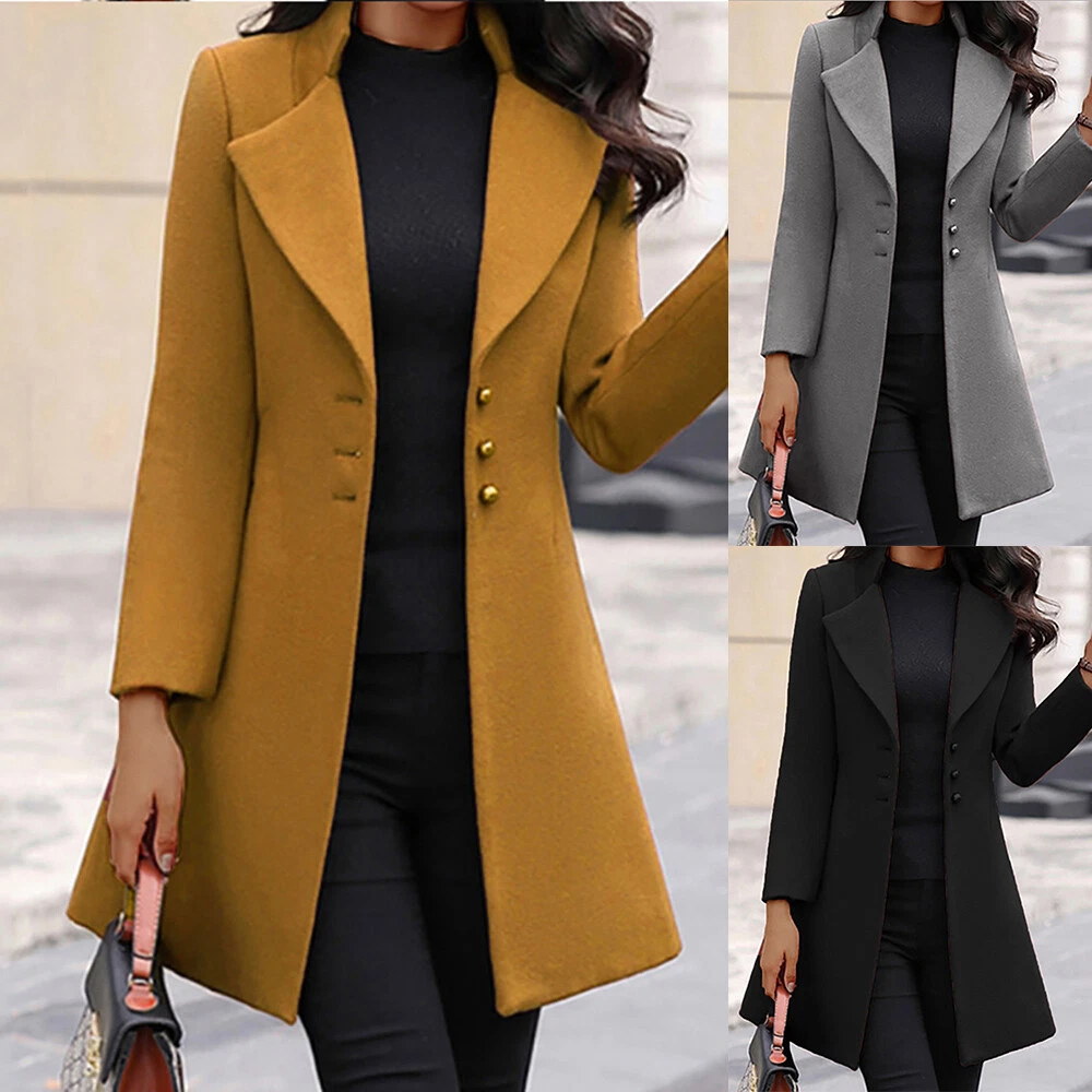 Womens Winter Woolen Trench Coat Lapel Long Jacket Blazer Suit Slim  Overcoat New