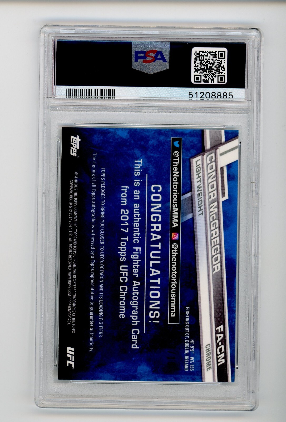 2017 1ST Topps Chrome UFC BLACK Refractor Conor McGregor 3/10 Auto PSA 9 view 2