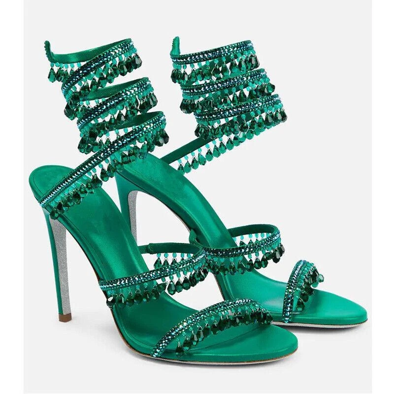Women Glitter Crystal Rhinestone Tassels High Heel Stiletto Shoe Open Toe Sandal - Image 3 of 4