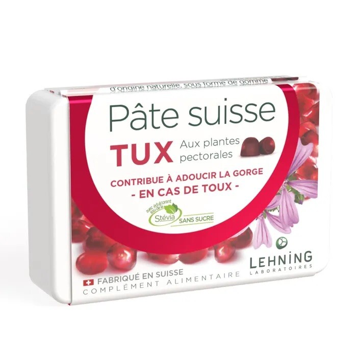 Gommes pour la toux Lehning Tux pâte suisse sans sucre lot de 2 pastilles gorge