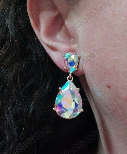 CLIP ON Retro 4cm RAINBOW CRYSTAL Drop EARRINGS AB Gold Tone Vintage Style - Picture 18 of 23