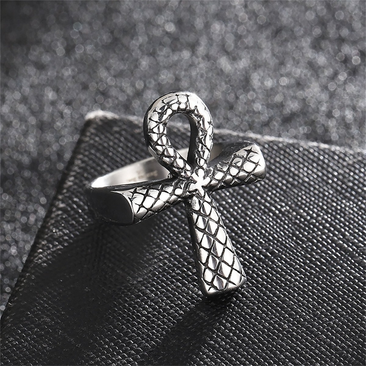 Mens Vintage Stainless Steel Egyptian Ahkh Cross Ring Snake