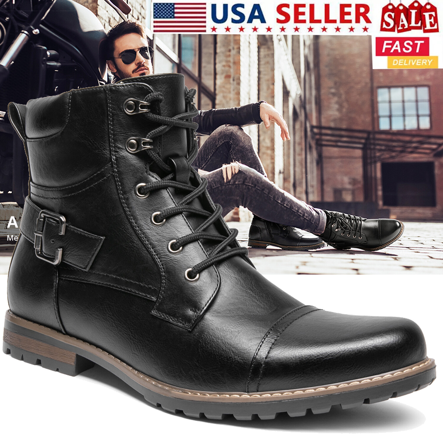 Men Motorcycle Combat Boots Military Boots Riding Ankle Leather Boots Black Size
