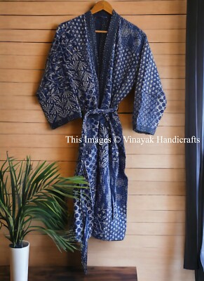 Indian Vintage Cotton Kantha Handmade Robe Women Bath Robe Kimono Patchwork Robe