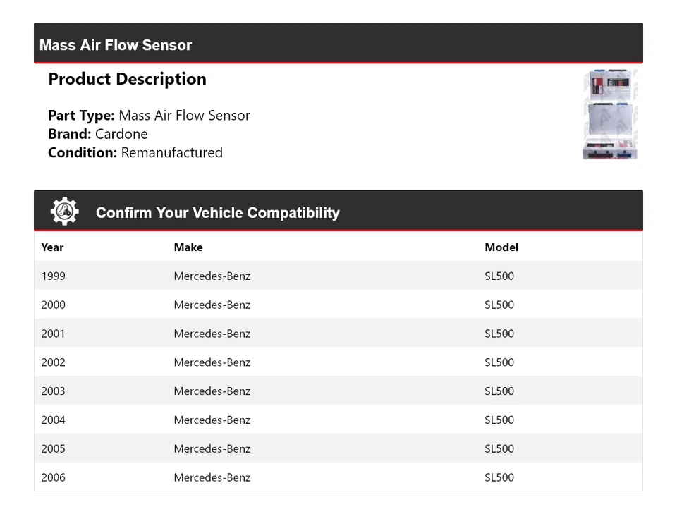 Sensor de flujo de aire de masa Cardone 2000 2001 2002 para Mercedes-Benz SL500 1999-2006 Foto 2 de 4