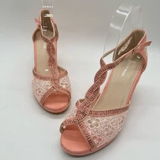 Top Moda Sandal Womens 8 Pink Rhinestone Strappy Lace Sandal NEW