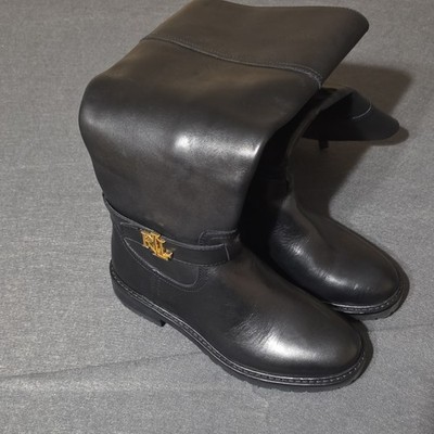 Lauren Ralph Lauren Everly Black Leather Knee High Zip Riding Boots Almond Toe