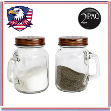 Glass Salt Pepper Shaker Set Mason Jar Style Handles Metal Lids 2 Piece - USA